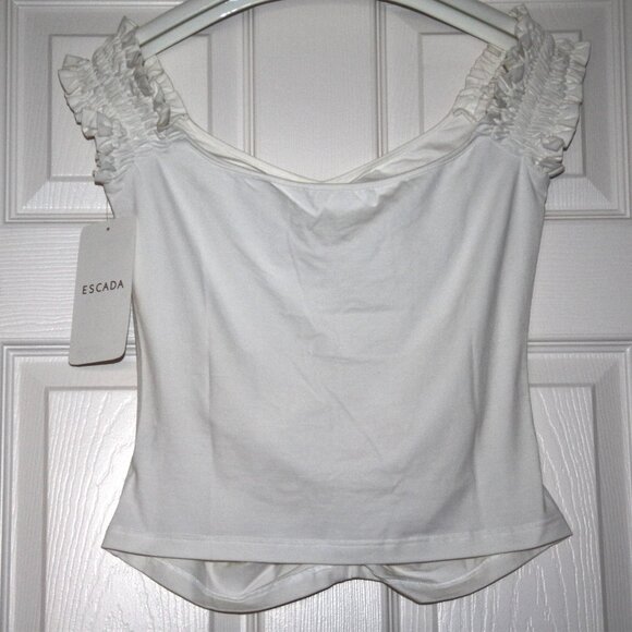 ESCADA White Stretch Cotton Blend Ruched Top On/Off Shoulder Italy Size EU 40 - Picture 2 of 10